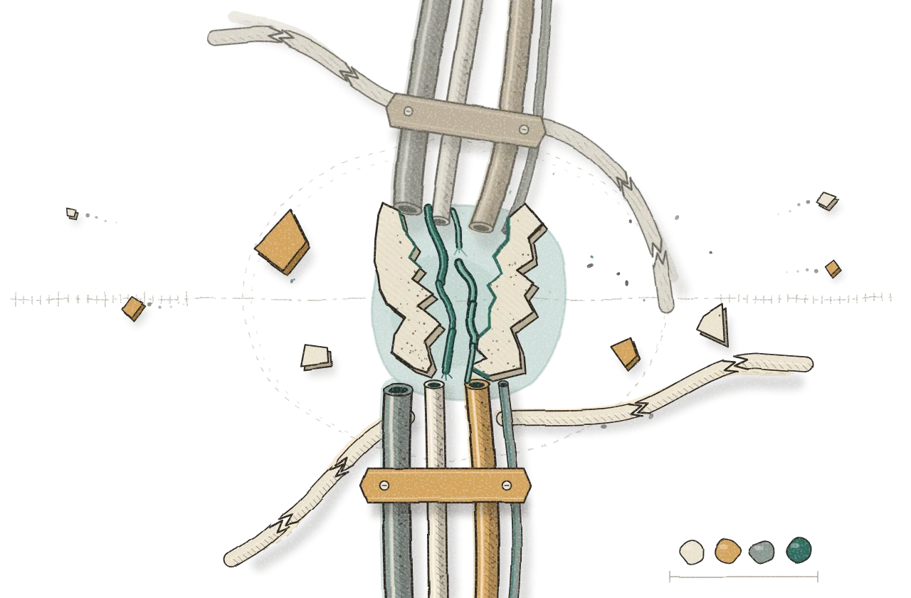 Branching industrial assembly with a central rupture: a symmetrical network of four metal conduits around a central pipe bundle, fractured to expose teal interiors, with the outer connections still in place.